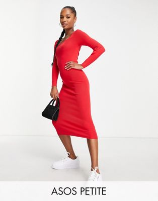 Asos Petite Asos Design Petite Knitted Midi Dress With Open Back And Ruched Detail In Red