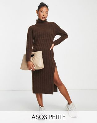 ASOS DESIGN Petite knitted midi dress with roll neck in brown