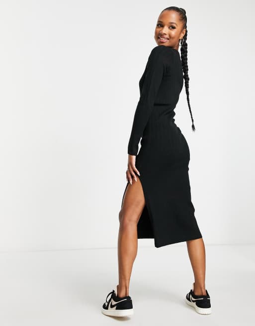 ASOS DESIGN Petite knitted midi dress with square neck in black , 2 of 4