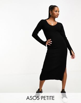 ASOS DESIGN Petite knitted midi dress with v neck in rib in black