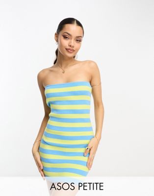 Asos Petite Asos Design Petite Knitted Mini Bandeau Dress In Stripe In Lime And Blue-multi