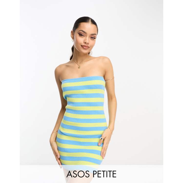 ASOS DESIGN Petite knitted mini bandeau dress in stripe in lime and blue