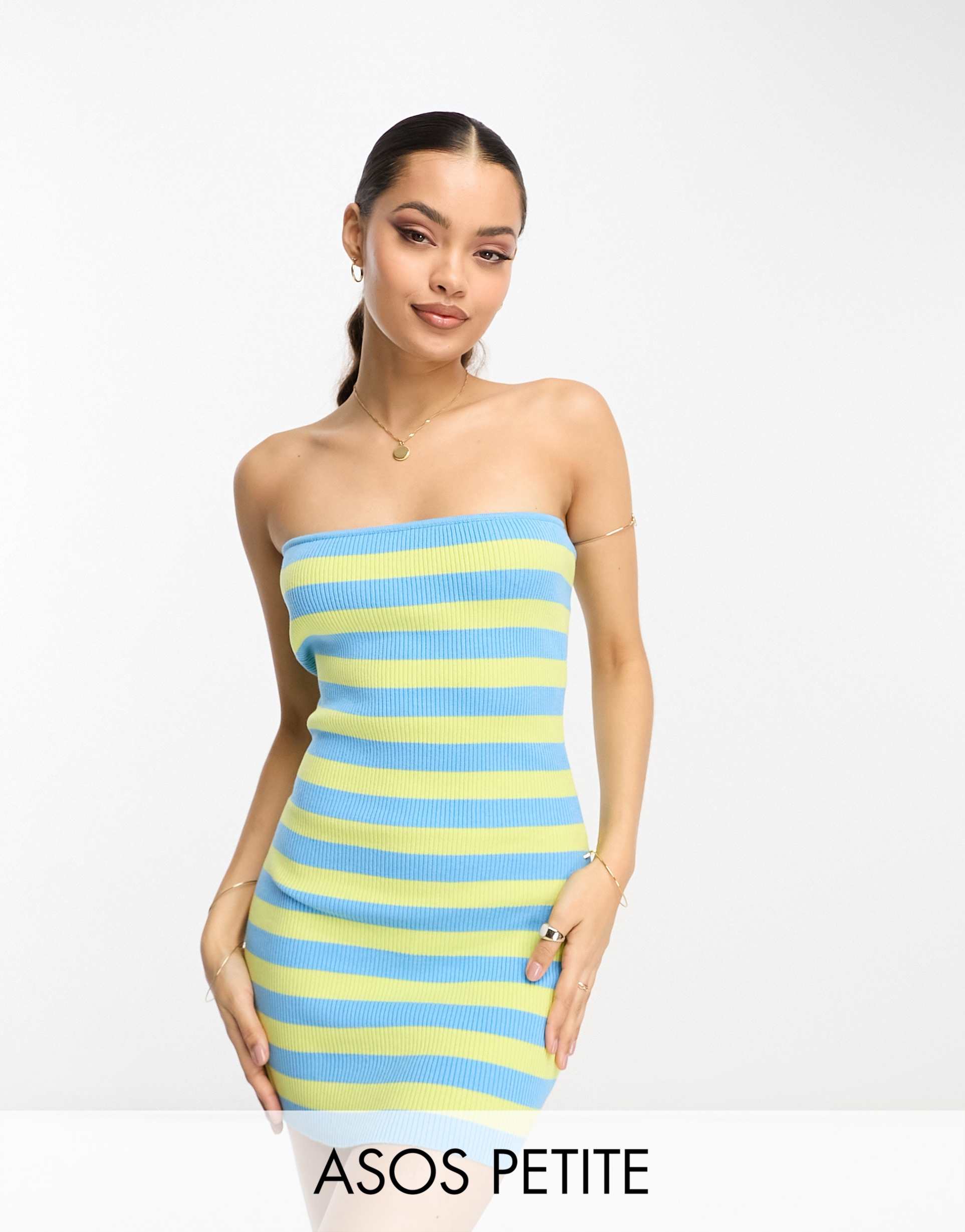 asos design petite knitted mini bandeau dress in stripe in lime and blue