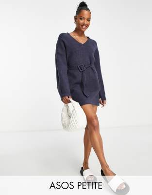 ASOS DESIGN Petite knitted mini dress with belt in navy