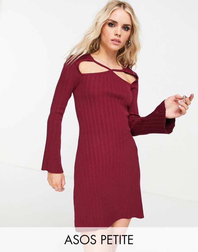 ASOS DESIGN Petite knitted mini dress with cut out detail and flare sleeves in dark red