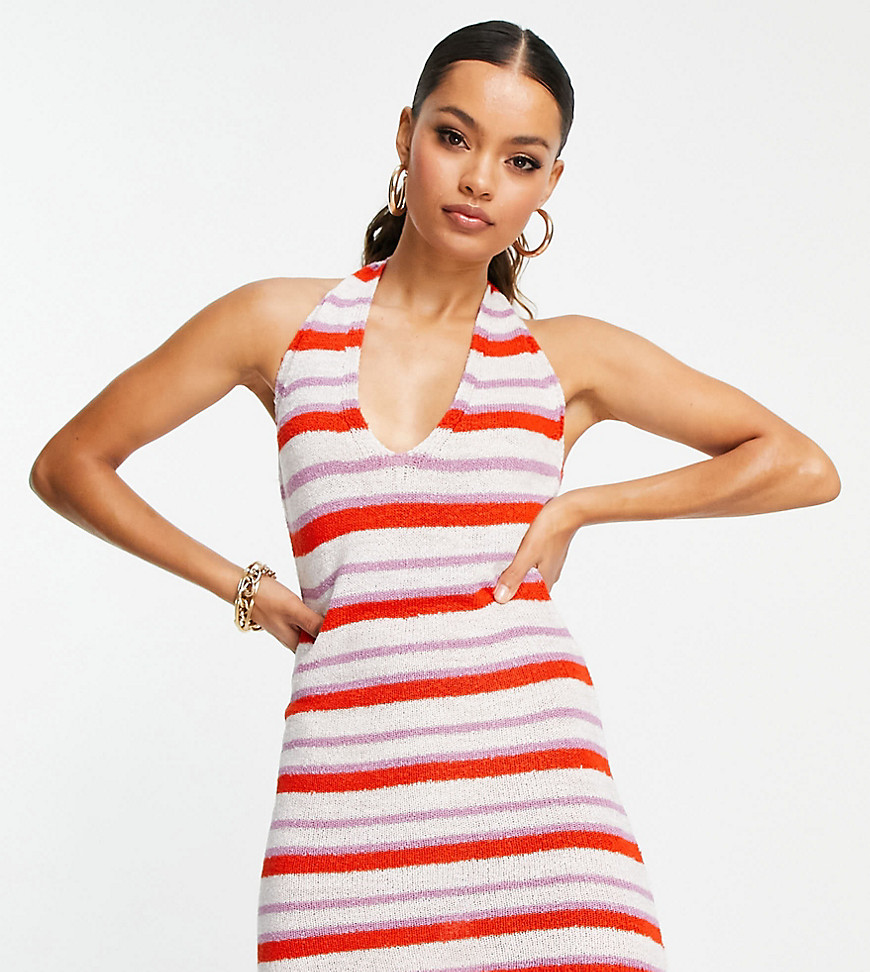 ASOS DESIGN Petite knitted mini dress with halter neck in multi stripe