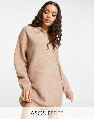 ASOS DESIGN Petite knitted mini dress with open collar in camel - ASOS Price Checker