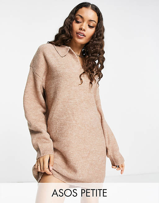 ASOS DESIGN Petite knitted mini dress with open collar in camel