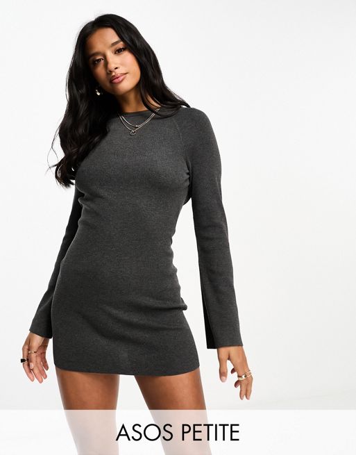 ASOS DESIGN Petite knitted mini dress with tie back in charcoal | ASOS