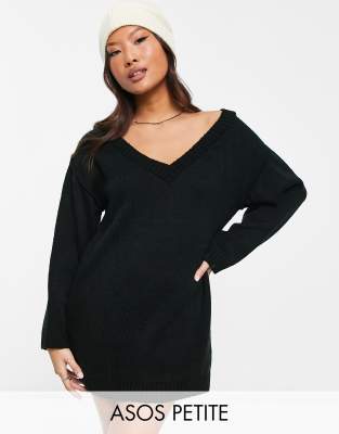 ASOS DESIGN Petite knitted mini dress with v neck in black