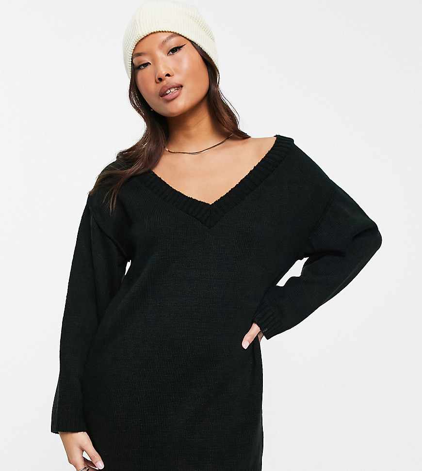 ASOS DESIGN Petite knitted mini dress with v neck in black