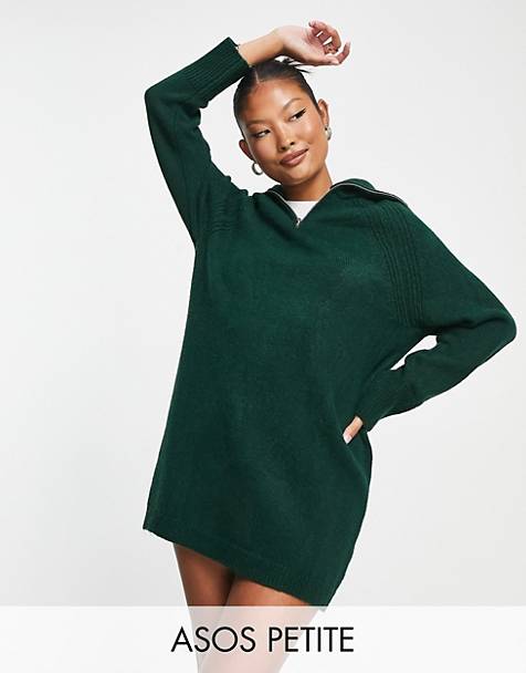 ASOS DESIGN Petite knitted mini dress with zip collar in dark green