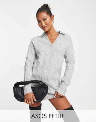 ASOS DESIGN Petite knitted mini sweater dress with open collar in cable in gray - ASOS Price Checker