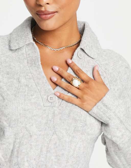 ASOS DESIGN Petite knitted mini jumper dress with open collar in cable in grey, 3 of 4