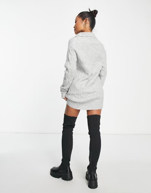 ASOS DESIGN Petite knitted mini sweater dress with open collar in cable in gray, 2 of 4