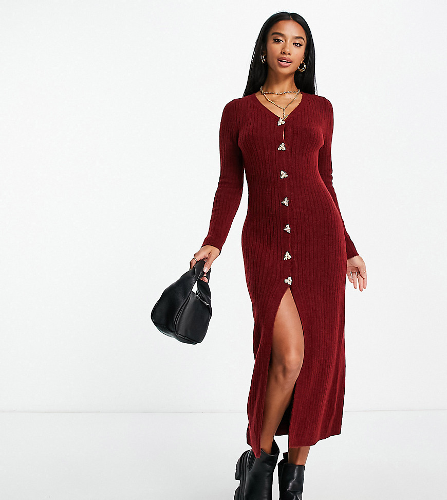 ASOS DESIGN Petite knitted rib maxi dress with button through in dark red