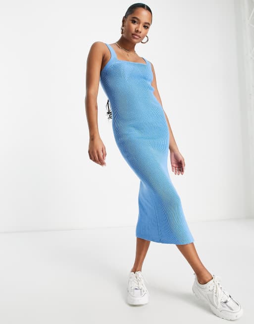 ASOS Design Square Neck Dropped Waist Belted Pleated Midi Dress in Powder Blue