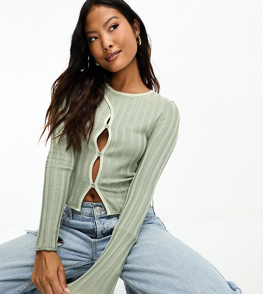 Asos Petite Asos Design Petite Knitted Top With Cut Out Detail And Contrast Tipping In Green