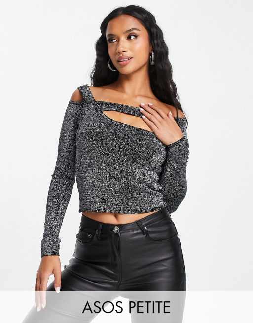 ASOS DESIGN Petite knitted top with cut out detail in silver metallic yarn