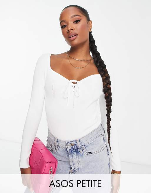 ASOS DESIGN Petite knitted top with sweetheart neck and lace up front  detail in white