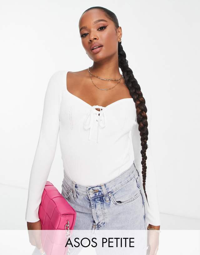 ASOS Petite - ASOS DESIGN Petite knitted top with sweetheart neck and lace up front detail in white