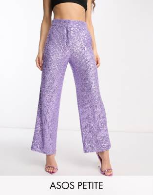 ASOS DESIGN Petite - Knöchellange Pailletten-Hose in Lila mit geradem Schnitt