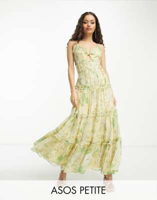 Asos Petite Asos Design Petite Knot Front Cut Out Maxi Slip Dress With Raw Edge Tiers In Yellow Floral Print-mul In Multi