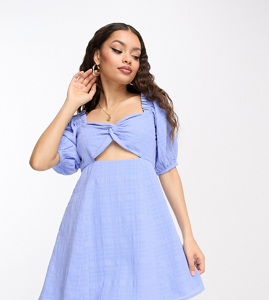ASOS DESIGN Petite knot front mini dress in check dobby in blue