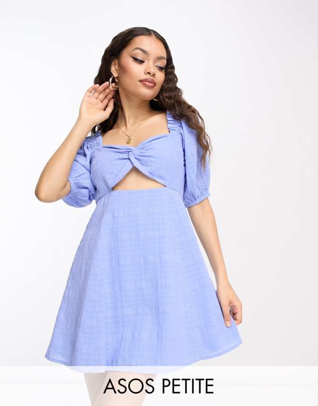 ASOS Petite - ASOS DESIGN Petite knot front mini dress in check dobby in blue