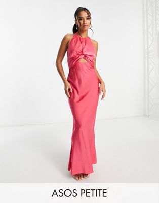 ASOS DESIGN Petite knot front satin maxi dress with tie back detail in hot pink