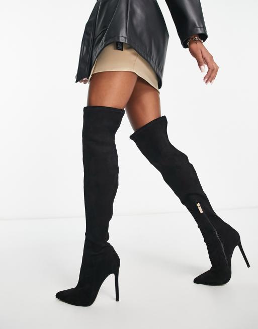 ASOS DESIGN Petite Koko heeled over the knee boots in black micro