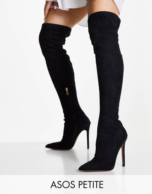 ASOS DESIGN Petite Koko heeled over the knee boots in black micro | ASOS