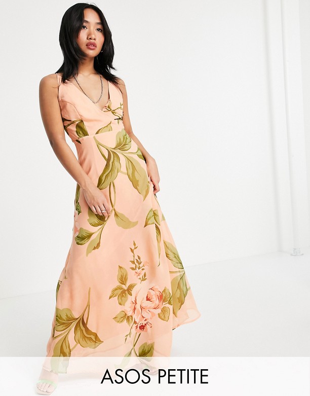  Niedrogie ASOS DESIGN Petite – Kopertowa sukienka maxi na ramiączkach z wiązanym tyłem i wzorem w duże kwiaty Kwiatowy wzÓr