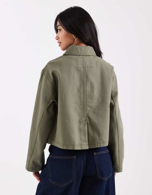 ASOS DESIGN Petite - Kort harrington jack van katoen in kaki, 3 van 4