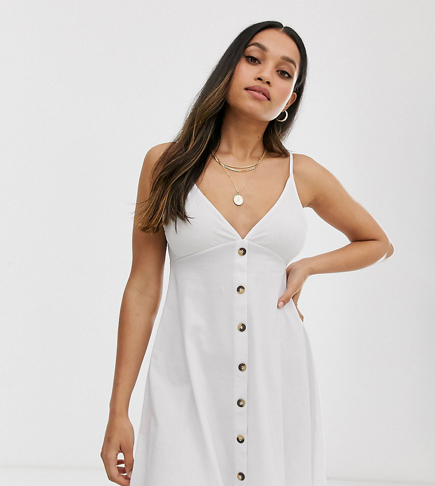 ASOS DESIGN Petite - Korte aangerimpelde cami-jurk met knopen-Wit