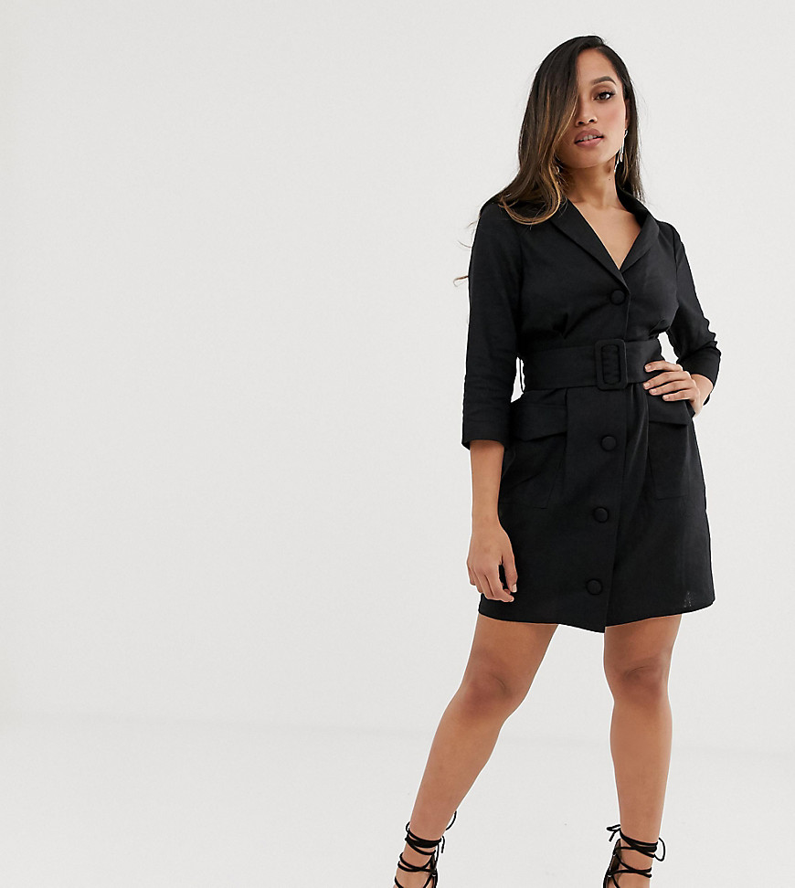 ASOS DESIGN Petite - Korte linnen smoking-jurk met riem-Zwart