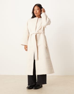 ASOS DESIGN Petite - Kragenloser, eleganter Longline-Mantel aus Bouclé in Hellbeige-Neutral