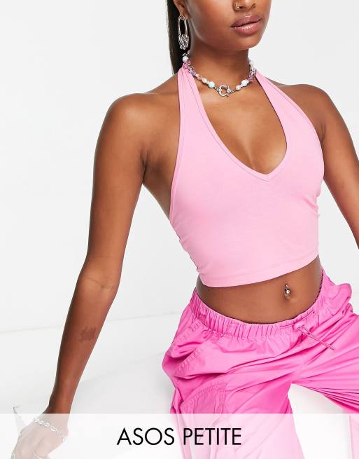 ASOS DESIGN Petite – Kurz geschnittenes Neckholder-Oberteil in Rosa