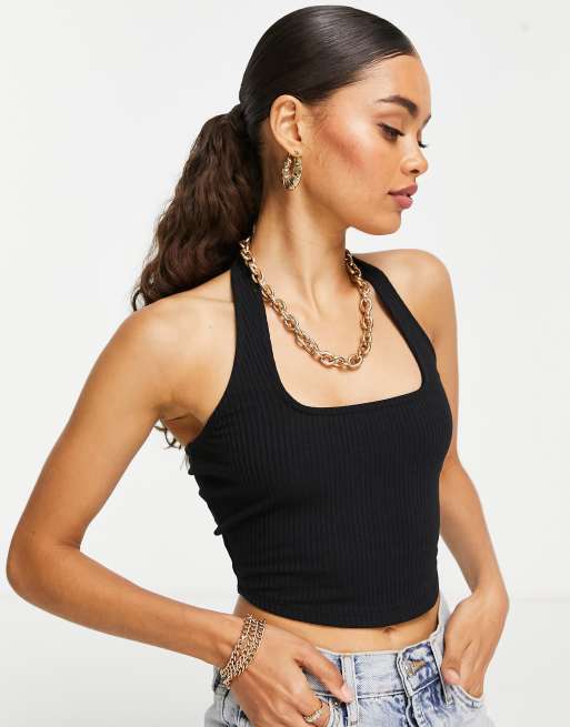 ASOS DESIGN Petite – Kurz geschnittenes Neckholder-Oberteil mit eckigem Ausschnitt in Schwarz, 2 von 4