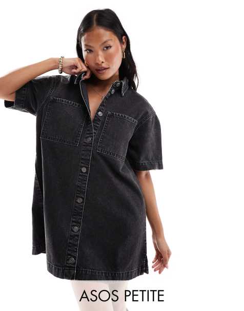 ASOS DESIGN Petite – Kurzärmliges Hemdkleid aus Jeansstoff in verwaschenem Schwarz - view 1