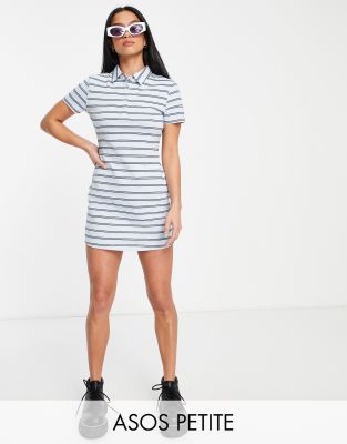 ASOS DESIGN Petite - Kurzärmliges Polo-Minikleid in Blau gestreift-Bunt