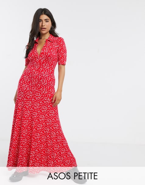 ASOS DESIGN Petite – Kurzärmliges T-Shirt-Maxikleid in Rot mit Ditsey-Muster
