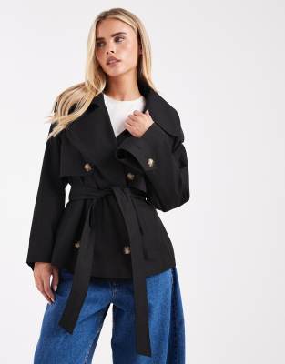 ASOS DESIGN Petite - Kurzer Oversize-Trenchcoat in Schwarz mit Gürtel