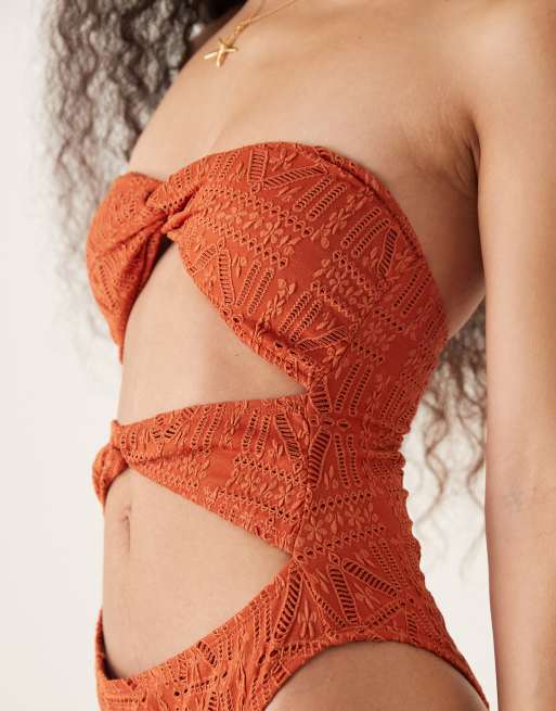 ASOS DESIGN Petite Kyle broderie Brooke twist front bandeau swimsuit in rust, 2 of 4