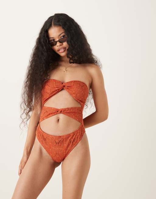 ASOS DESIGN Petite Kyle broderie Brooke twist front bandeau swimsuit in rust, 3 of 4