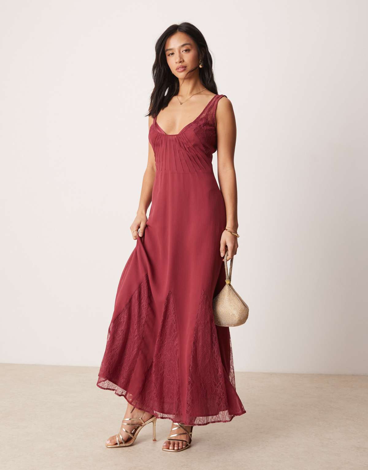 ASOS DESIGN Petite lace and chiffon maxi dress with godets in raspberry