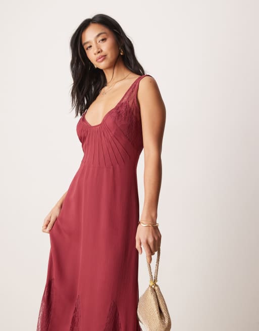 ASOS DESIGN Petite lace and chiffon maxi dress with flares in raspberry