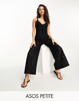 ASOS Asos Design Petite Jumpsuit With Lace Detail & Tapered Leg in Black