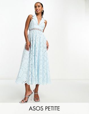 ASOS DESIGN Petite lace collar midi dress with open back detail in light blue