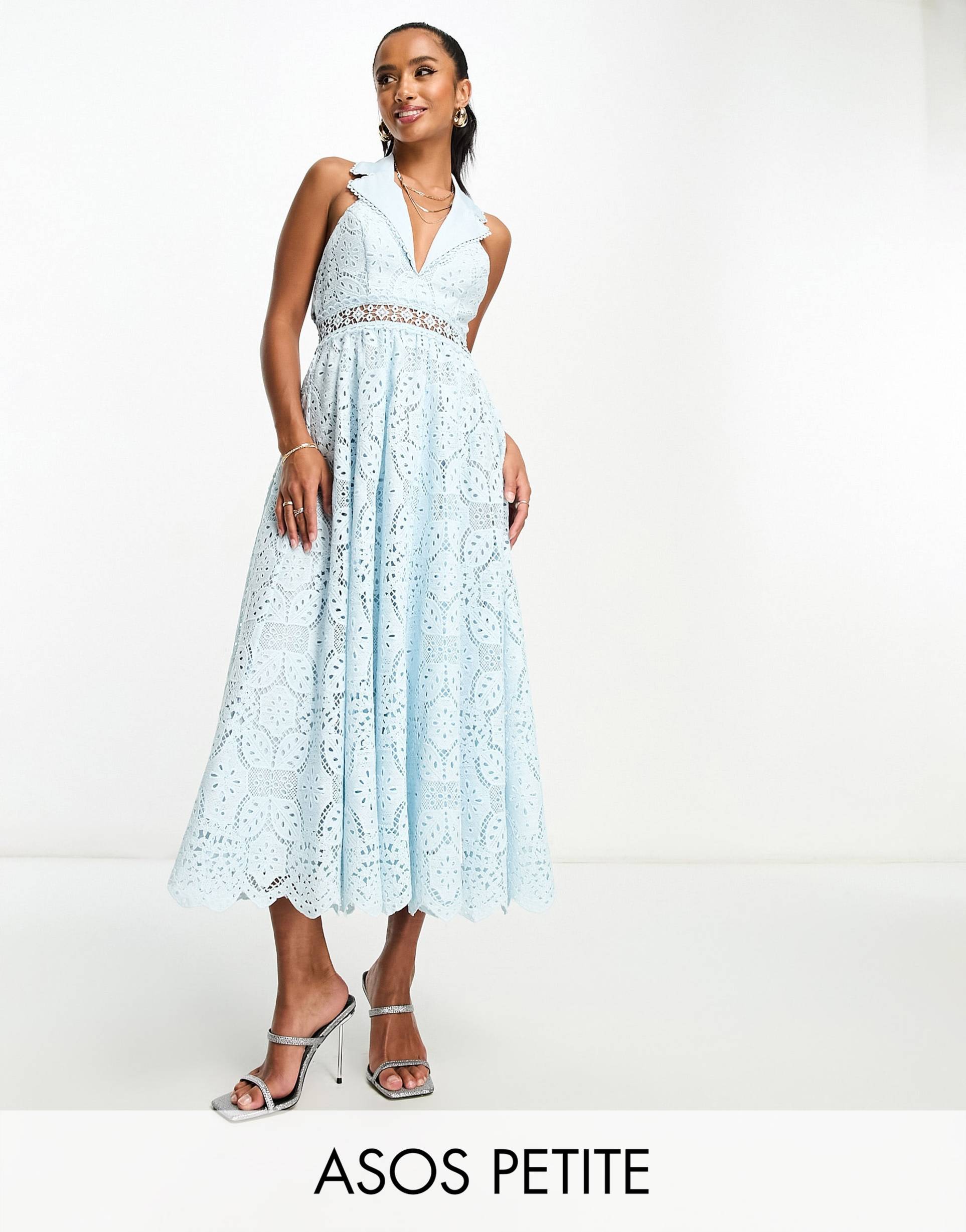 asos design petite lace collar midi dress with open back detail in light blue